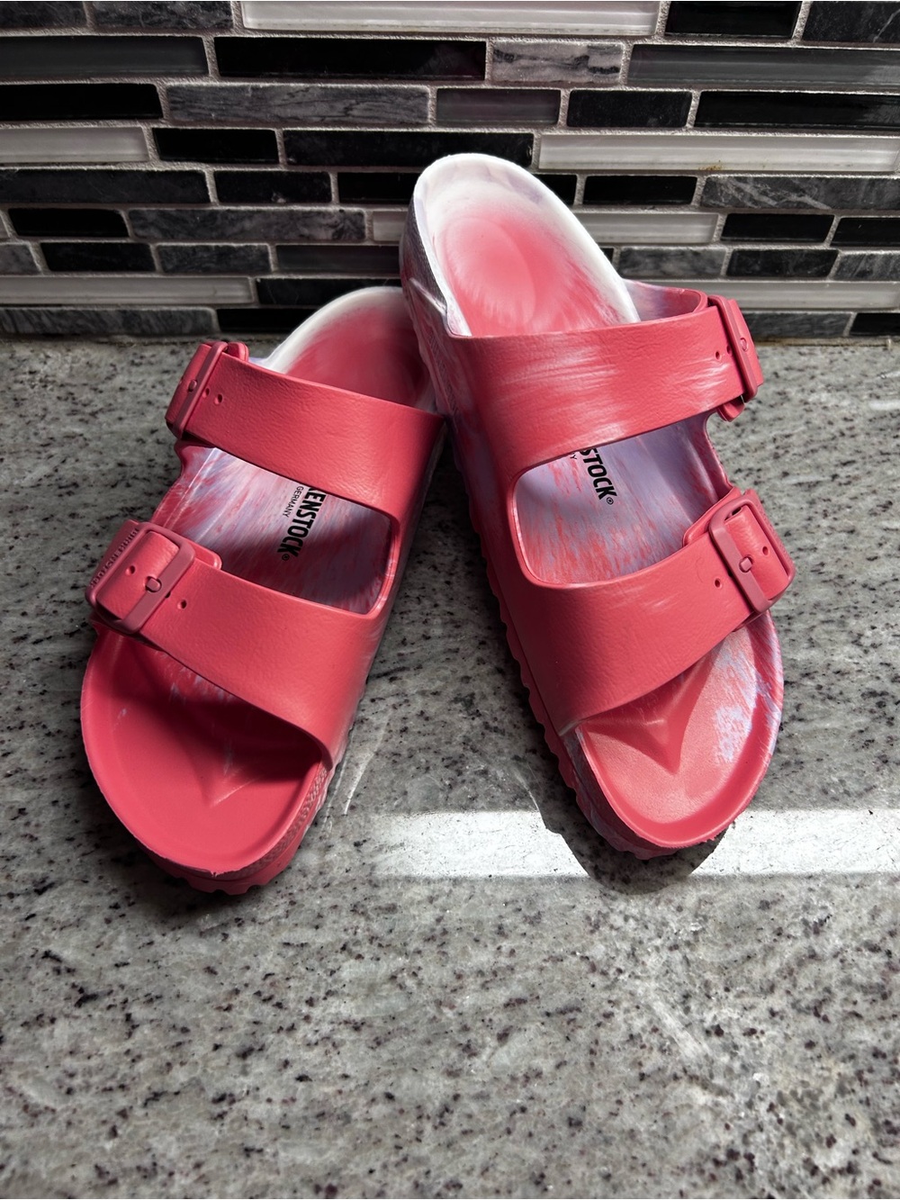 Birkenstock Arizona EVA Slide Sandals - Coral Pink Tie Dye womens 9 mens 7